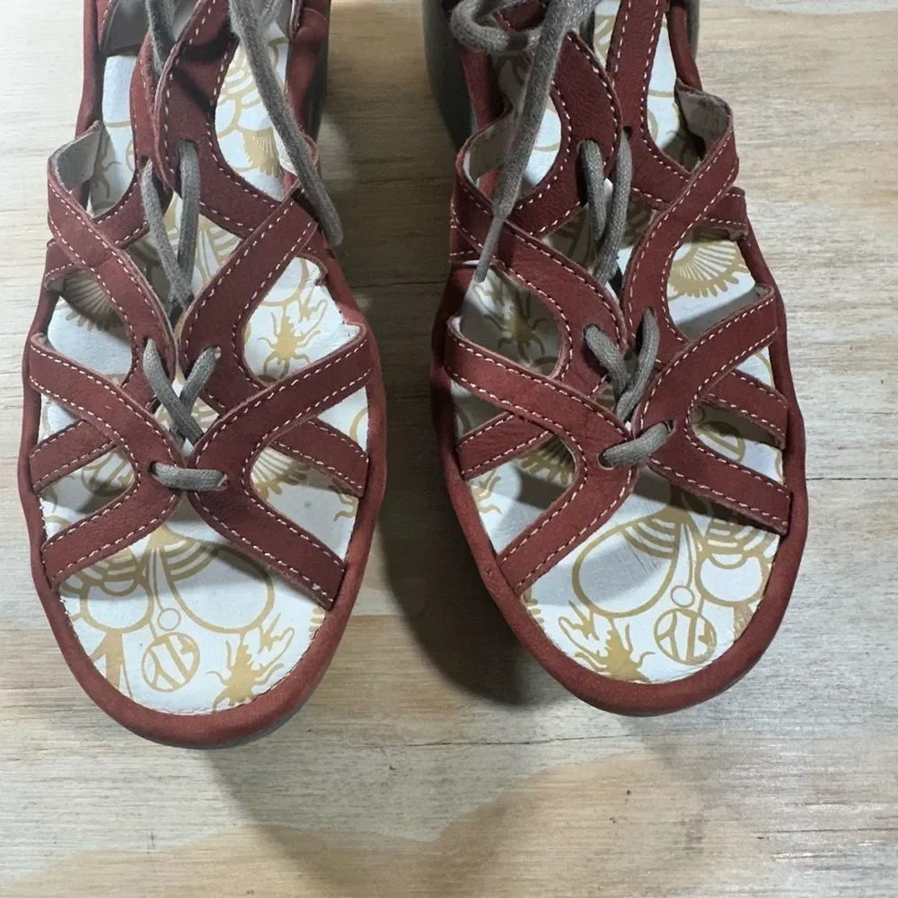 Fly London Yuke Burnt Orange Wedge Lace-Up Sandals Women’s Size 6.5